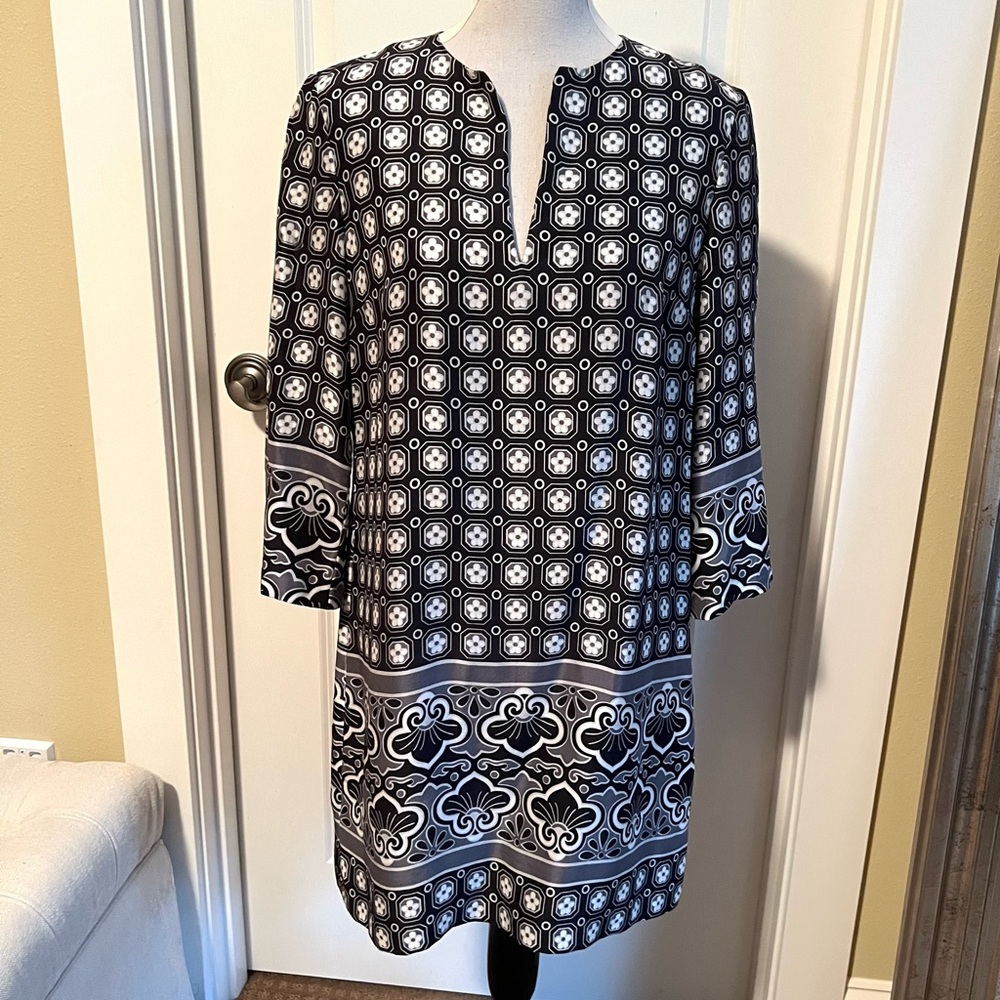Tory Burch Silk Shift Tunic Dress Geometric Design in Grays